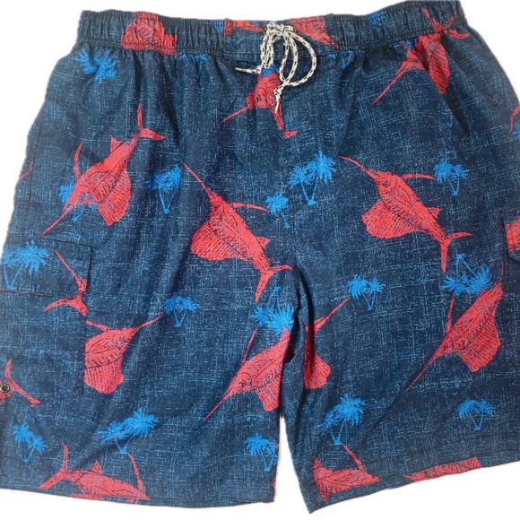 Foundry Swordfish Swim Trunks Mens 3XL Blue‎ Red Beach Summer Pool Bathing Suit